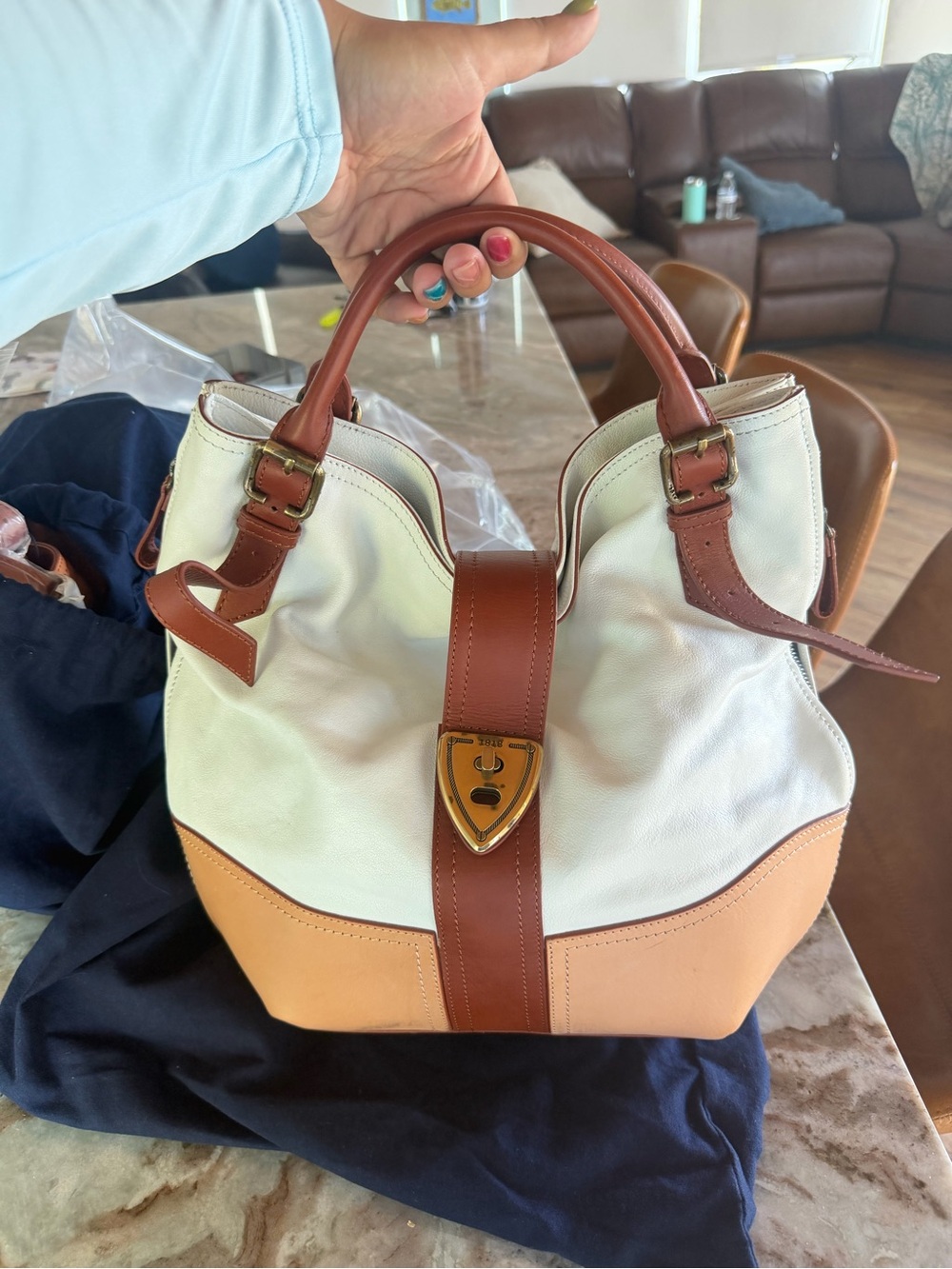 Brooks Brothers Cream, Tan & Brown Leather Shoulder Bag